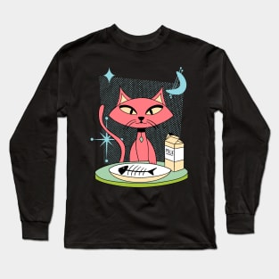 Mid-Century Modern Cat Eating a Dinner of Fish and Milk Long Sleeve T-Shirt